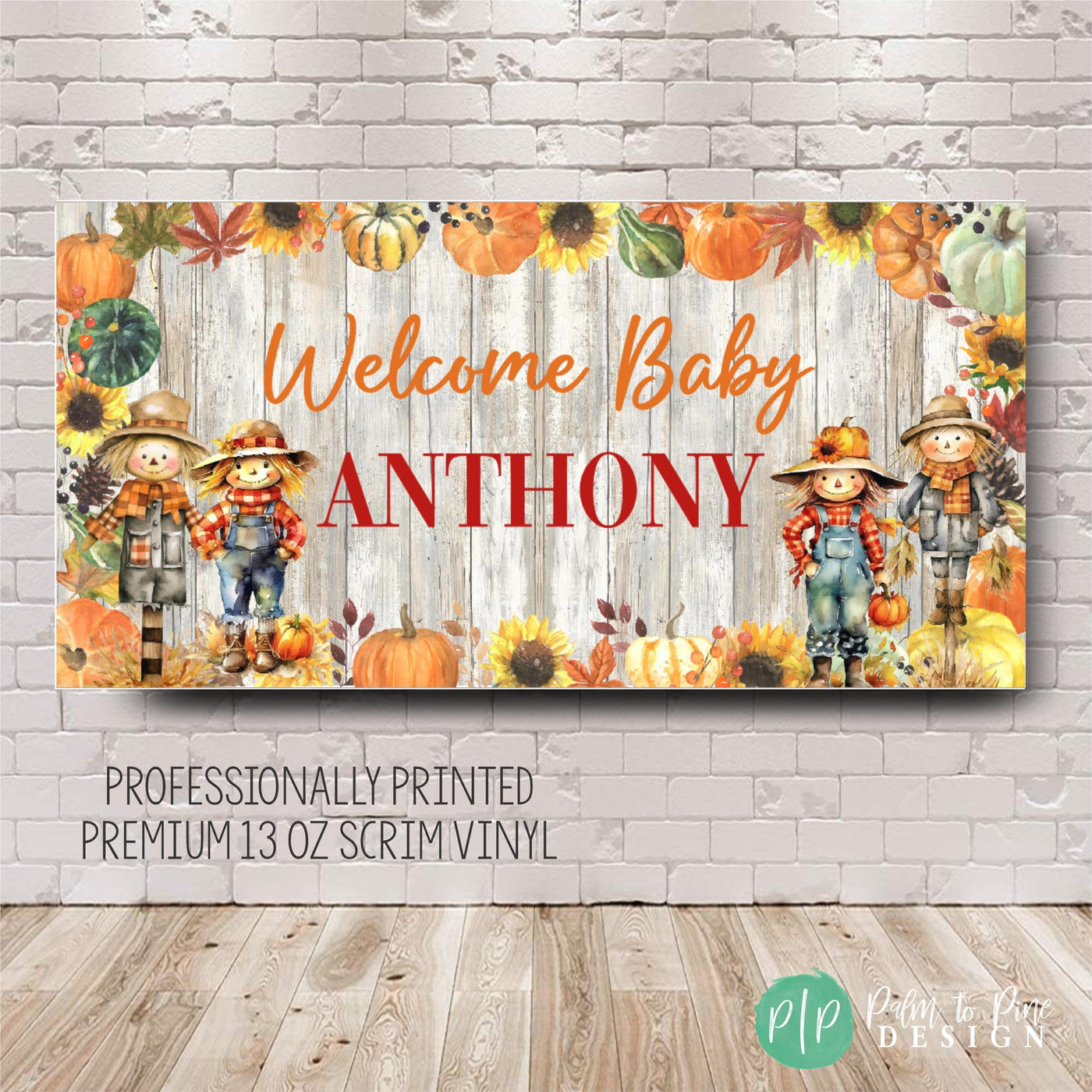 fall baby shower banner with scarecrows