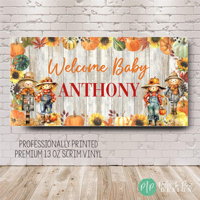 fall baby shower banner with scarecrows