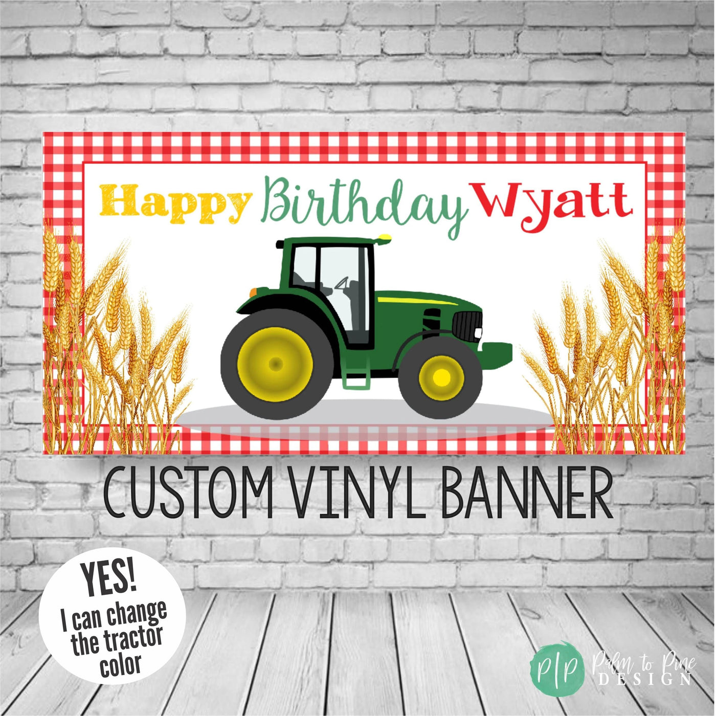 tractor banner with green tractor, stalks of wheat and gingham background