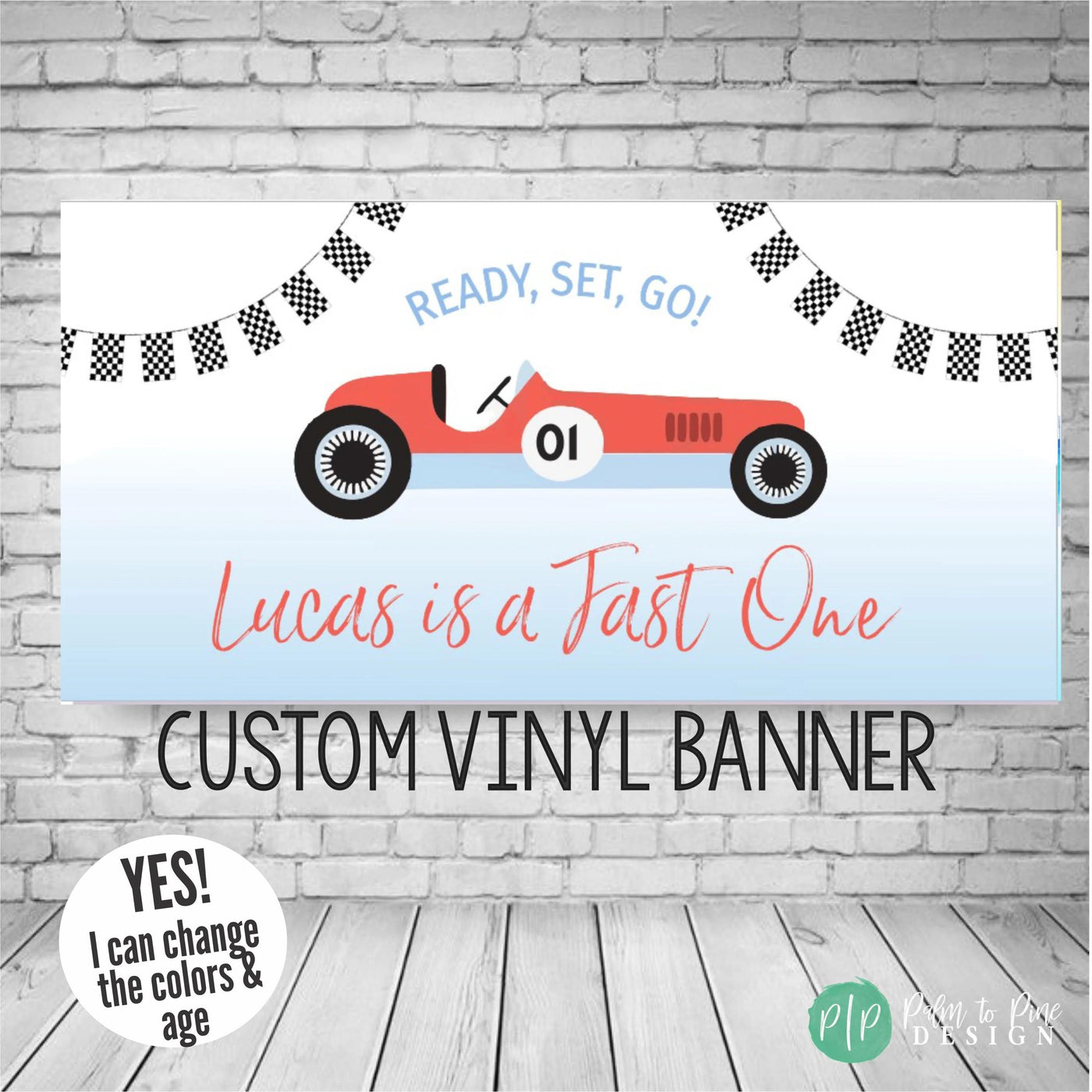 vintage racecar birthday banner with retro racecar and checkered flag banner