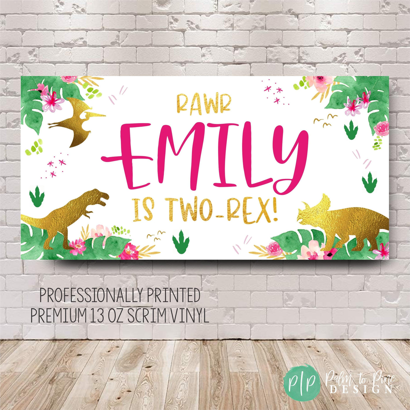 pink and gold dinosaur birthday banner