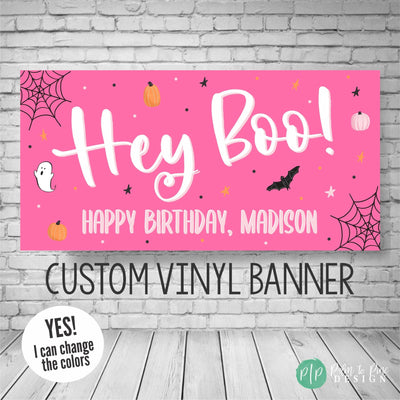 Girls friendly birthday banner in pink with Halloween clipart