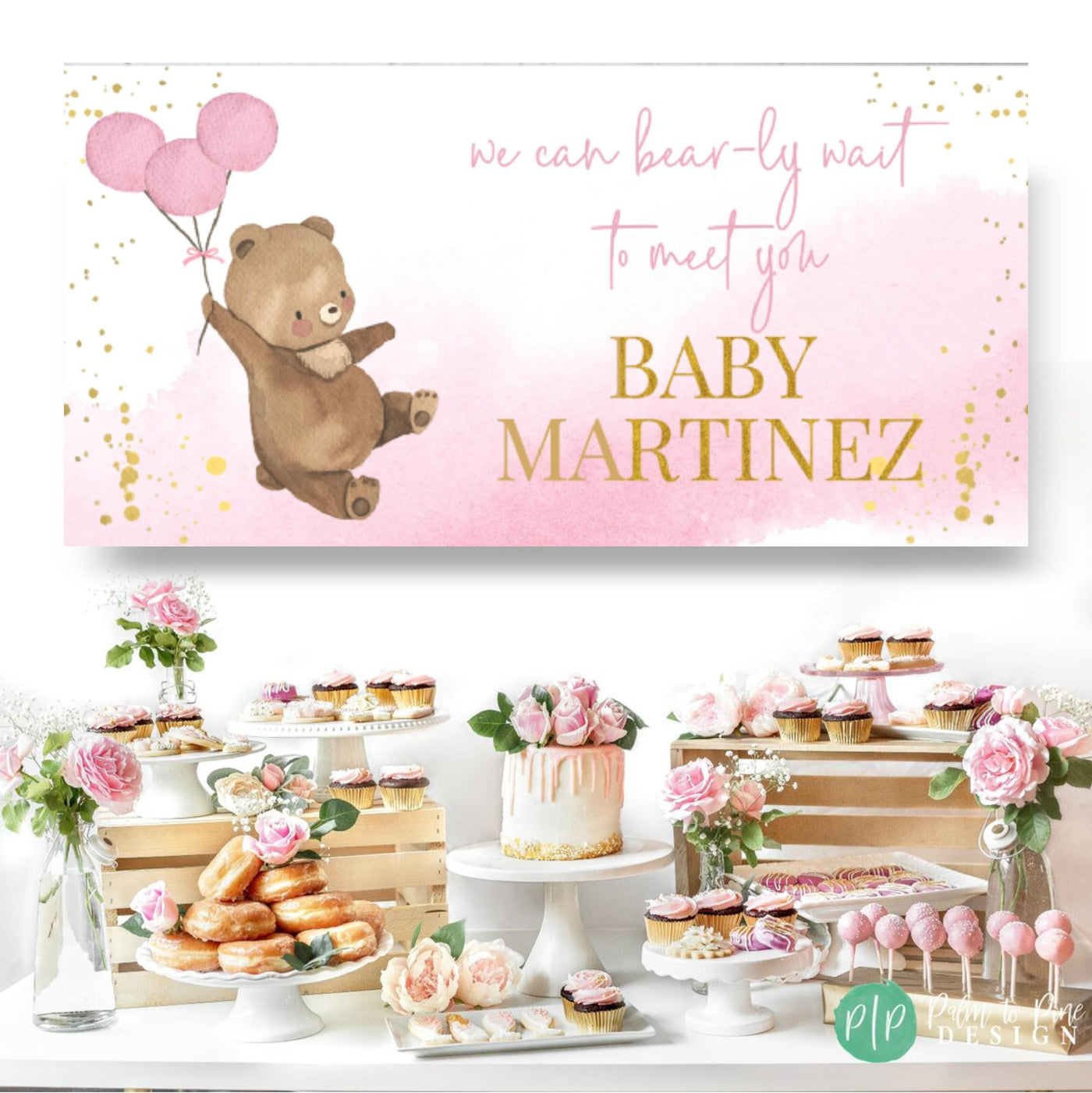 teddy bear baby shower dessert table in pink