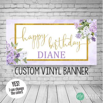 Hydrangea birthday banner in purple and gold