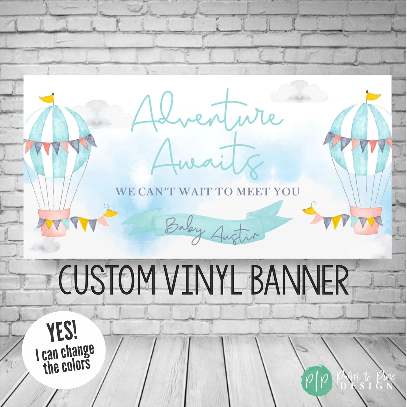 adventure awaits hot air balloon banner for boy baby shower