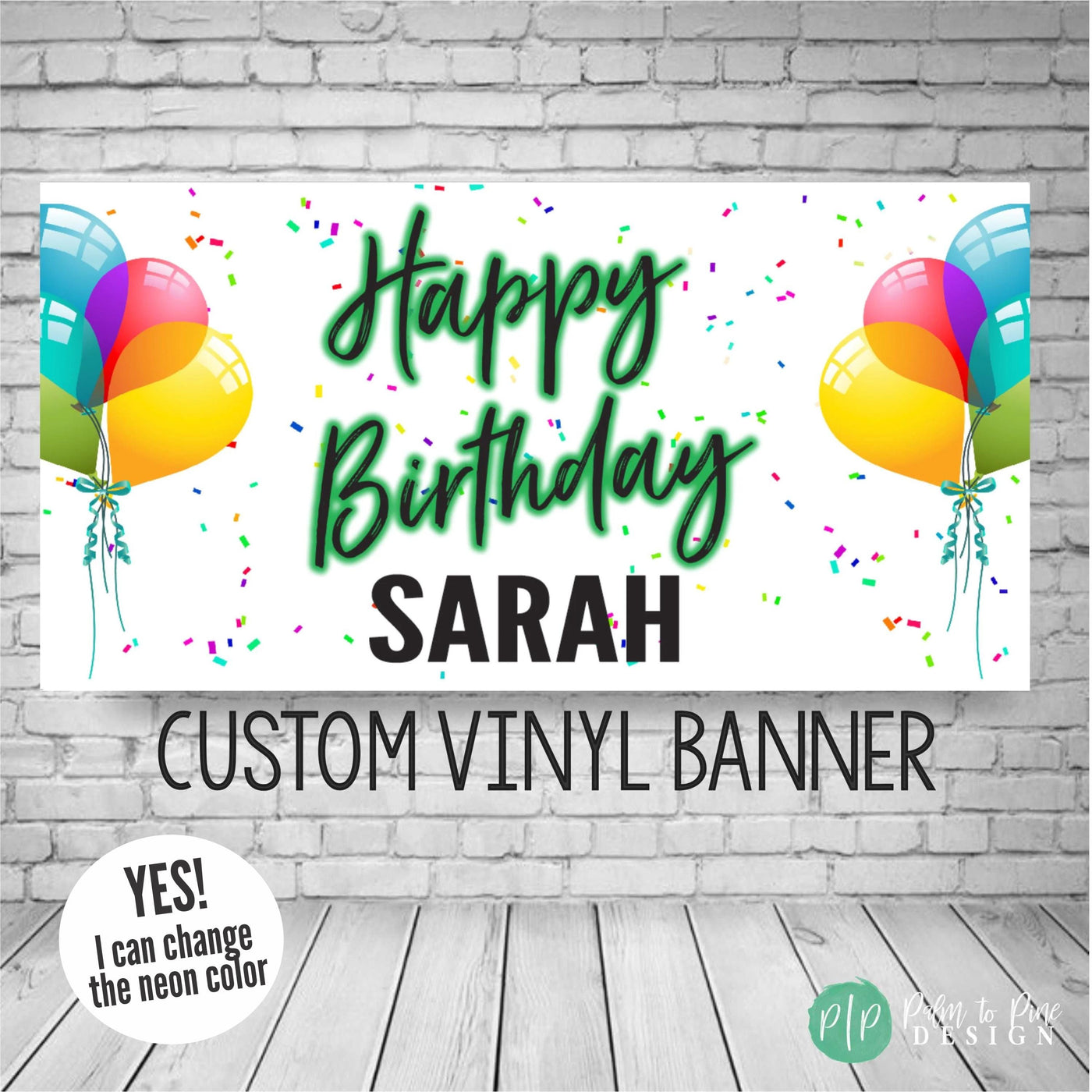 Personalized neon happy birthday banner with balloons and confetti