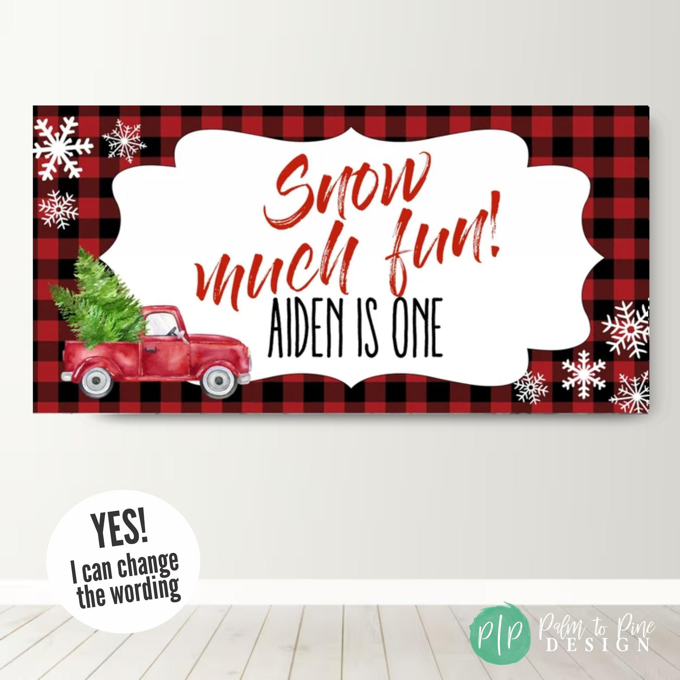 Snow Much Fun buffalo plaid birthday shower banner with red truck and tree and white snowflakes