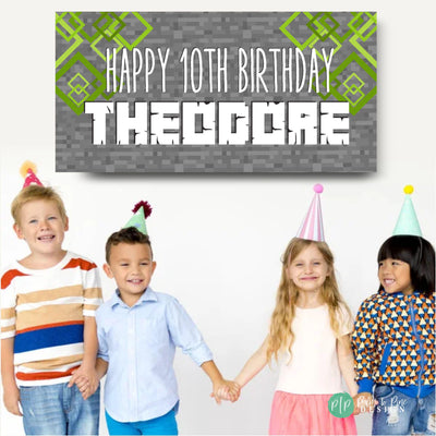 Pixel Block Custom Birthday Backdrop, Video Game Builder Birthday Banner, Video game Birthday Decoration, Kids Block Themed Gaming Decor