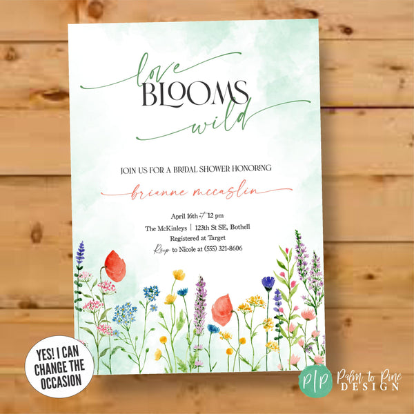 floral bridal shower invite with wildflowers in modern and minimalist style that reads love blooms wild
