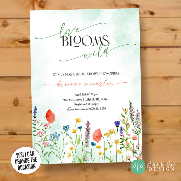 floral bridal shower invite with wildflowers in modern and minimalist style that reads love blooms wild