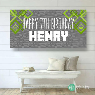 Pixel Block Custom Birthday Backdrop, Video Game Builder Birthday Banner, Video game Birthday Decoration, Kids Block Themed Gaming Decor