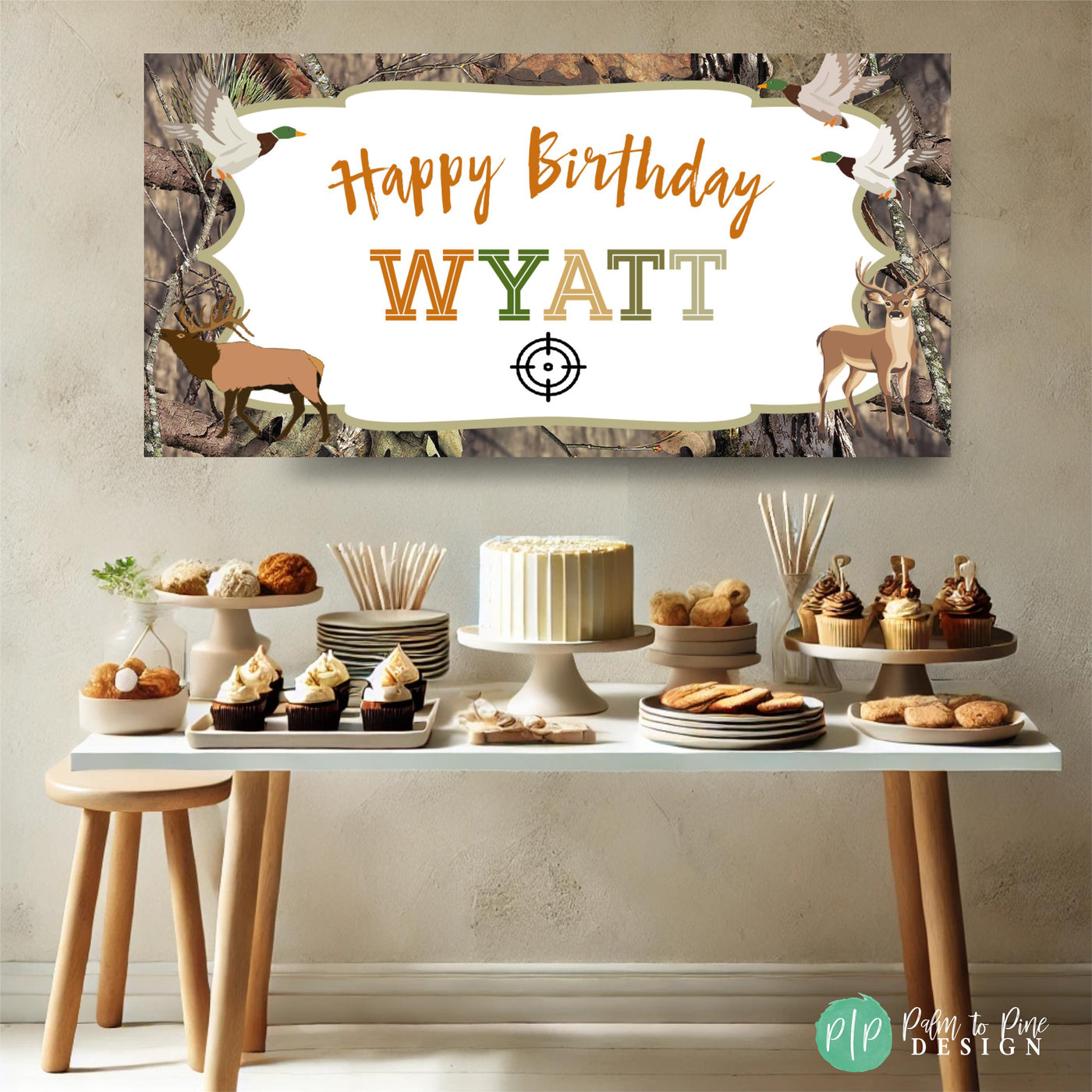 Camouflage Hunting Birthday Banner in front of neutral dessert table