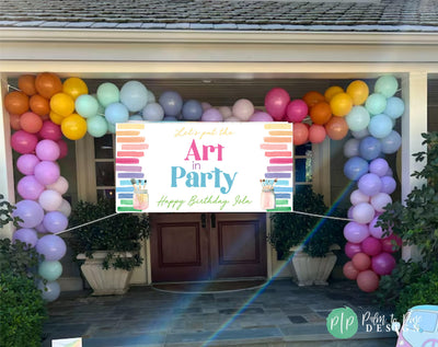 let&#39;s put the art in party birthday banner for art birthday theme with rainbow balloon garland