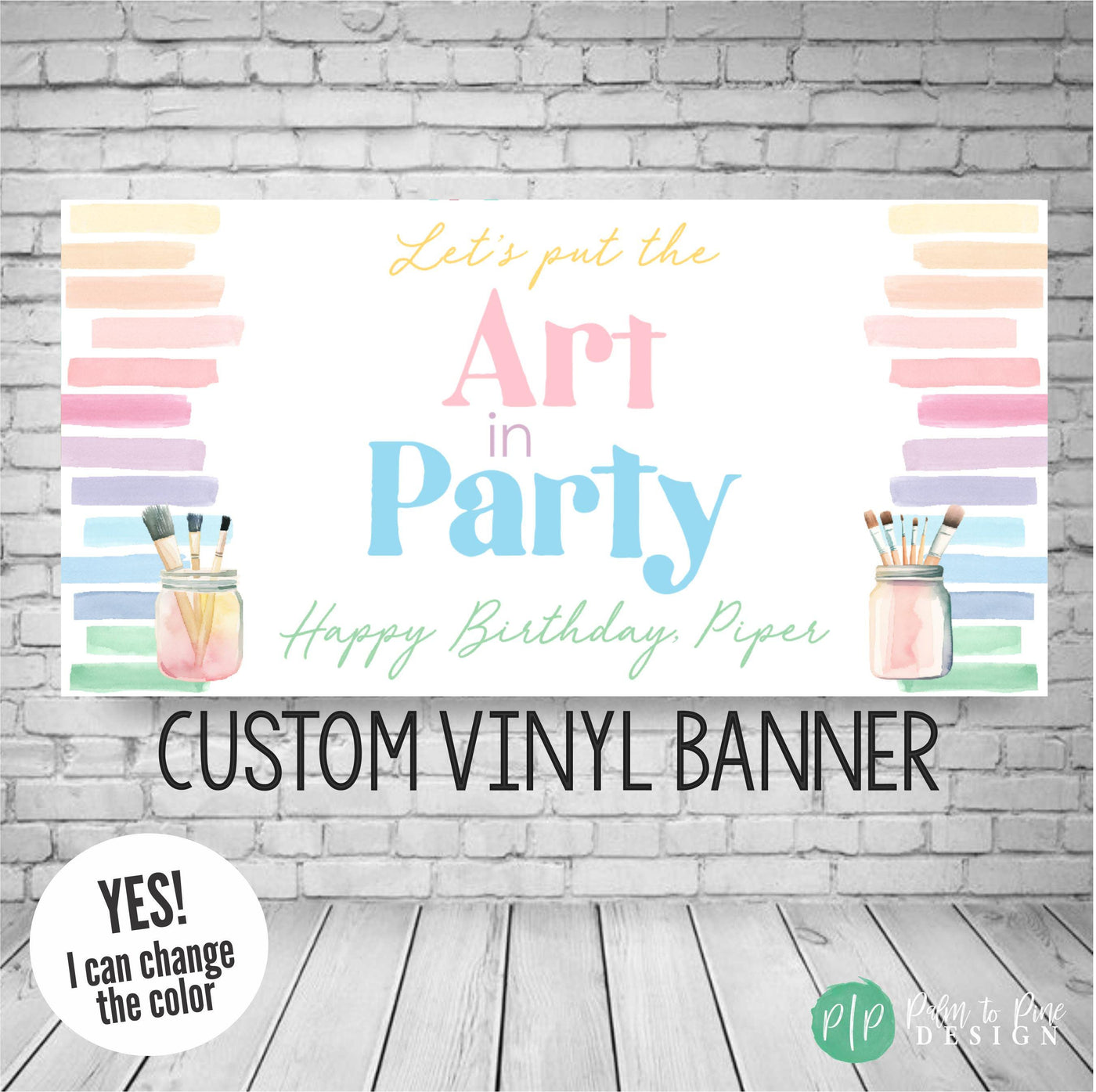 personalized painting party birthday sign with rainbow color palette and watercolor paint swashes