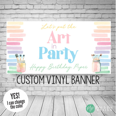 personalized painting party birthday sign with rainbow color palette and watercolor paint swashes