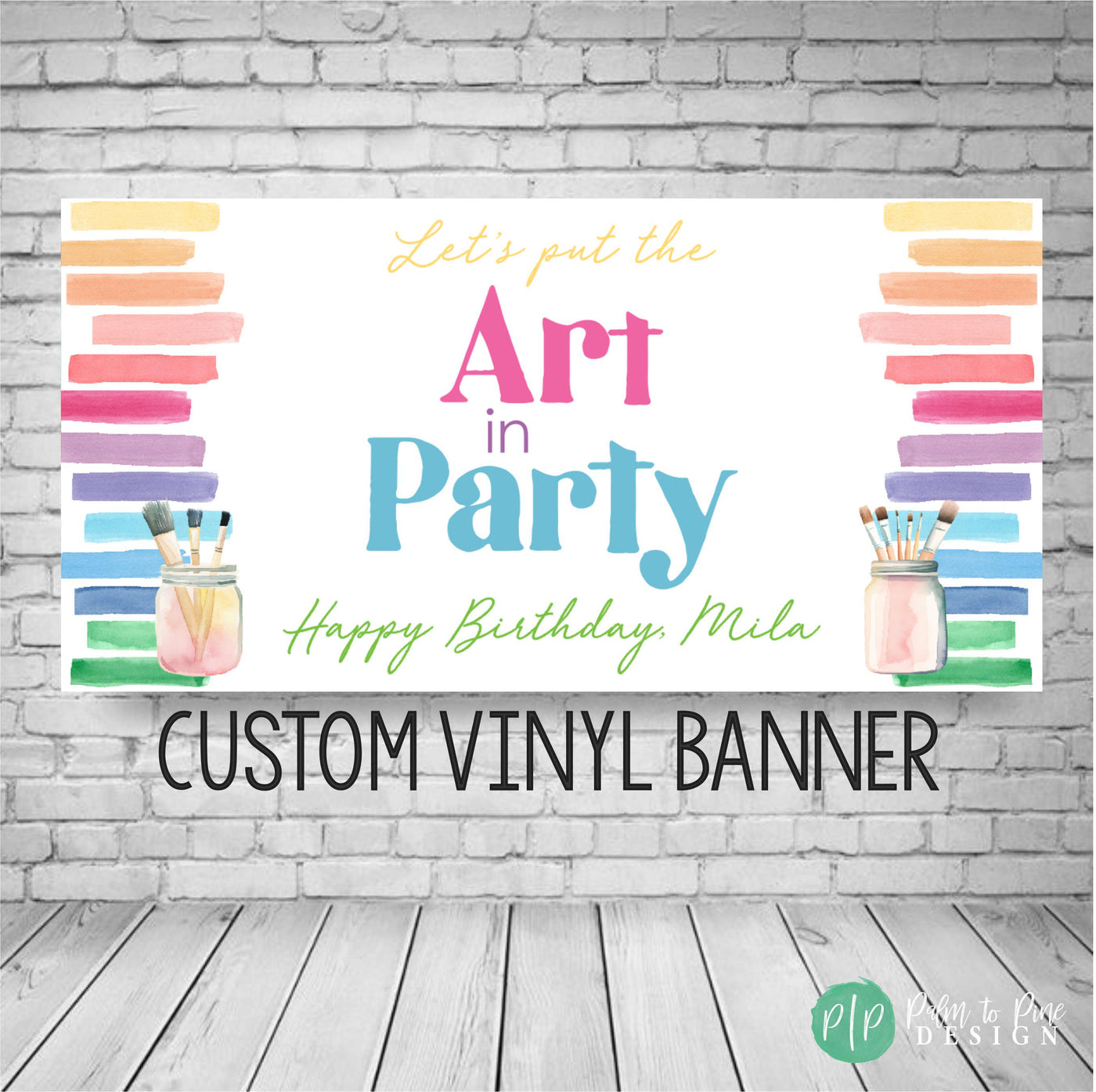 custom girls art birthday backdrop with bright rainbow colors and watercolor paint brush design
