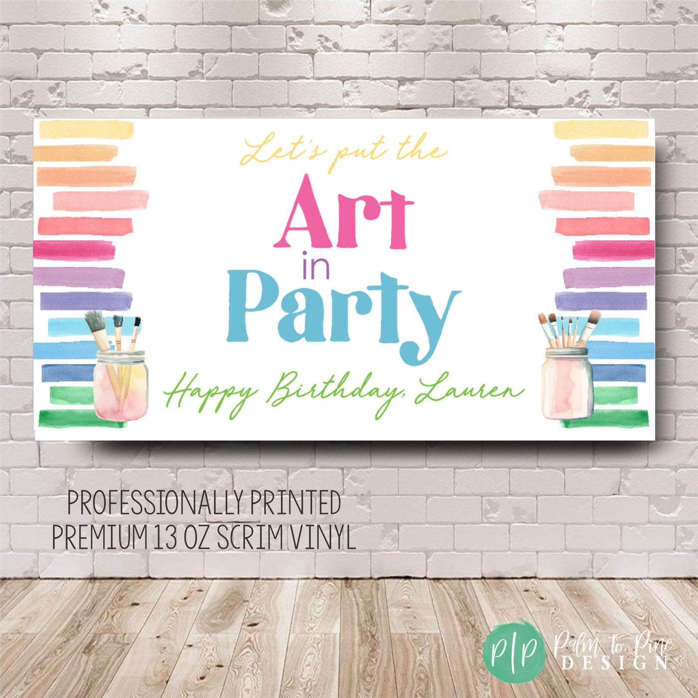 art birthday party for girls banner with watercolor paint swashes and paintbrush design