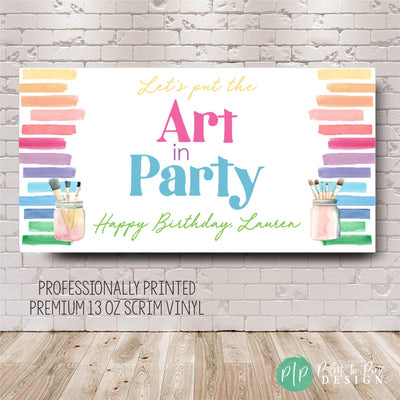 art birthday party for girls banner with watercolor paint swashes and paintbrush design