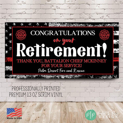 custom white black and red firefighter retirement banner