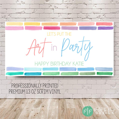 girls art birthday party banner with rainbow colors