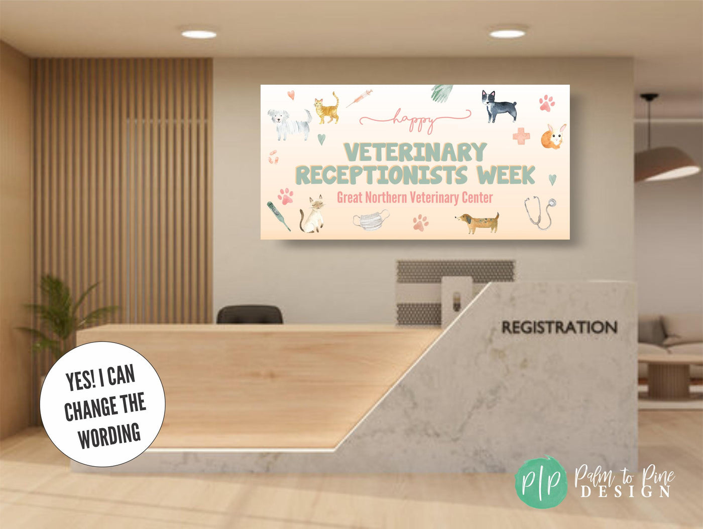 Veterinary Receptionists Week banner in pet hospital waiting room