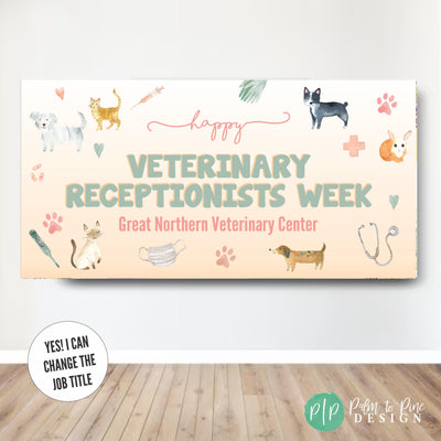 Veterinary Receptionists Appreciation Day banner in neutral colors surrounded by watercolor pet images and Vet equipment