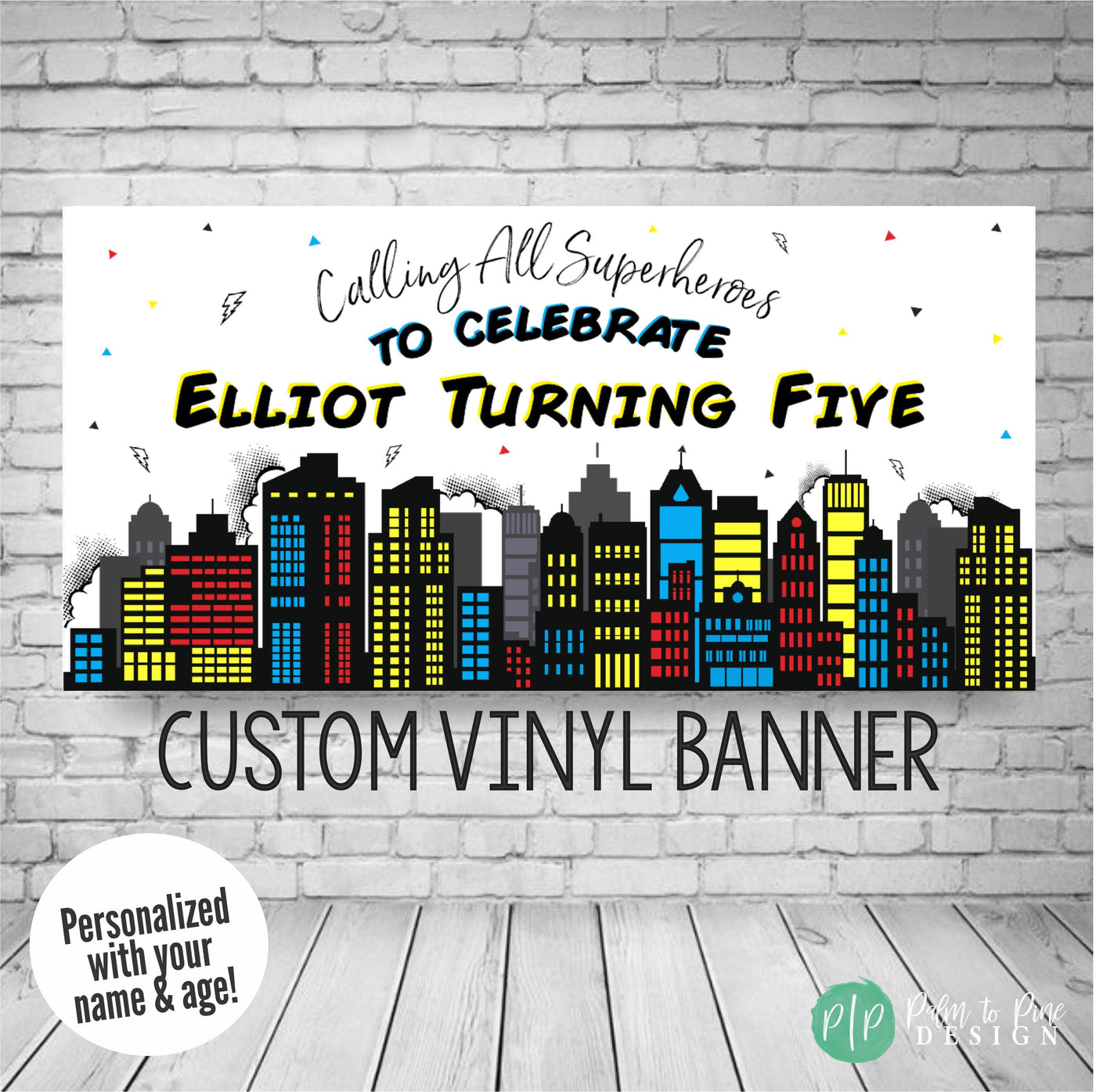 Superhero birthday Banner with City Skyline silhouette