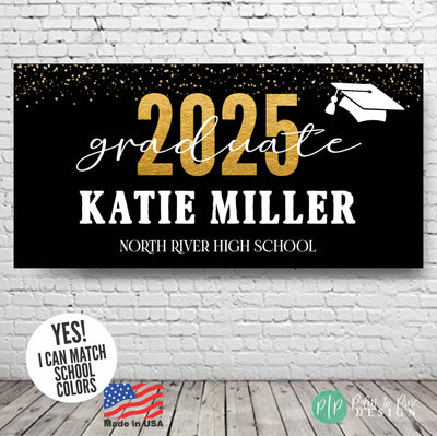 School Graduation Banner in black and gold with confetti glitter and a grad cap, featuring graduates name and school as well as personalized school colors