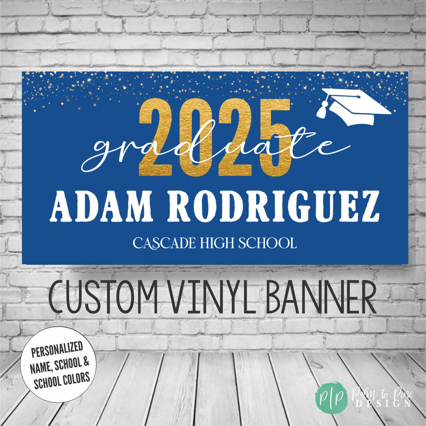 Navy and Gold School Graduation banner for class of 2025 graduates personalized with school colors, name and school name, design includes a grad cap and gold confetti