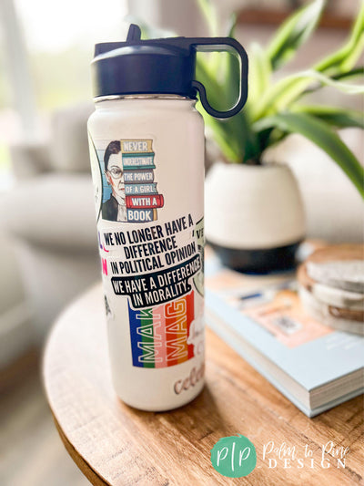water bottle decorated with political statement stickers supporting RBG, LGBTQA+, human rights and political morality
