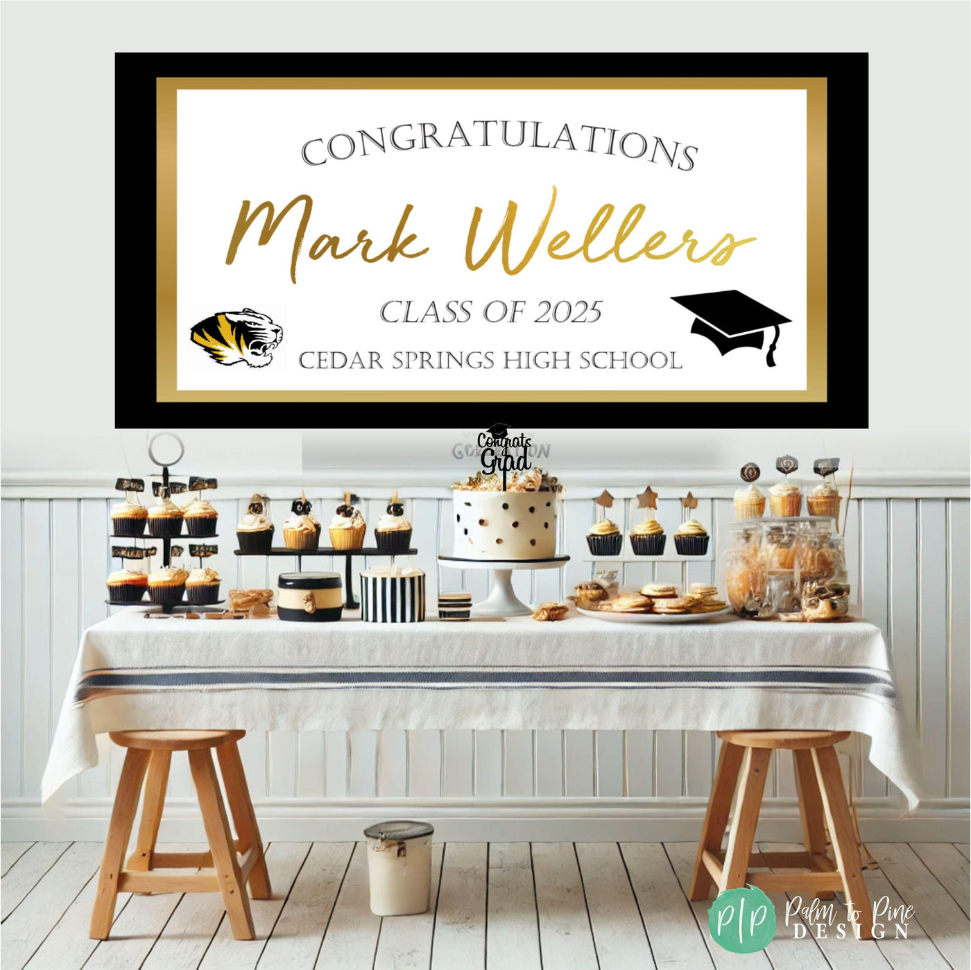 Senior 2025 Graduation Banner with grads name and school colors in front of a black, white and gold dessert table