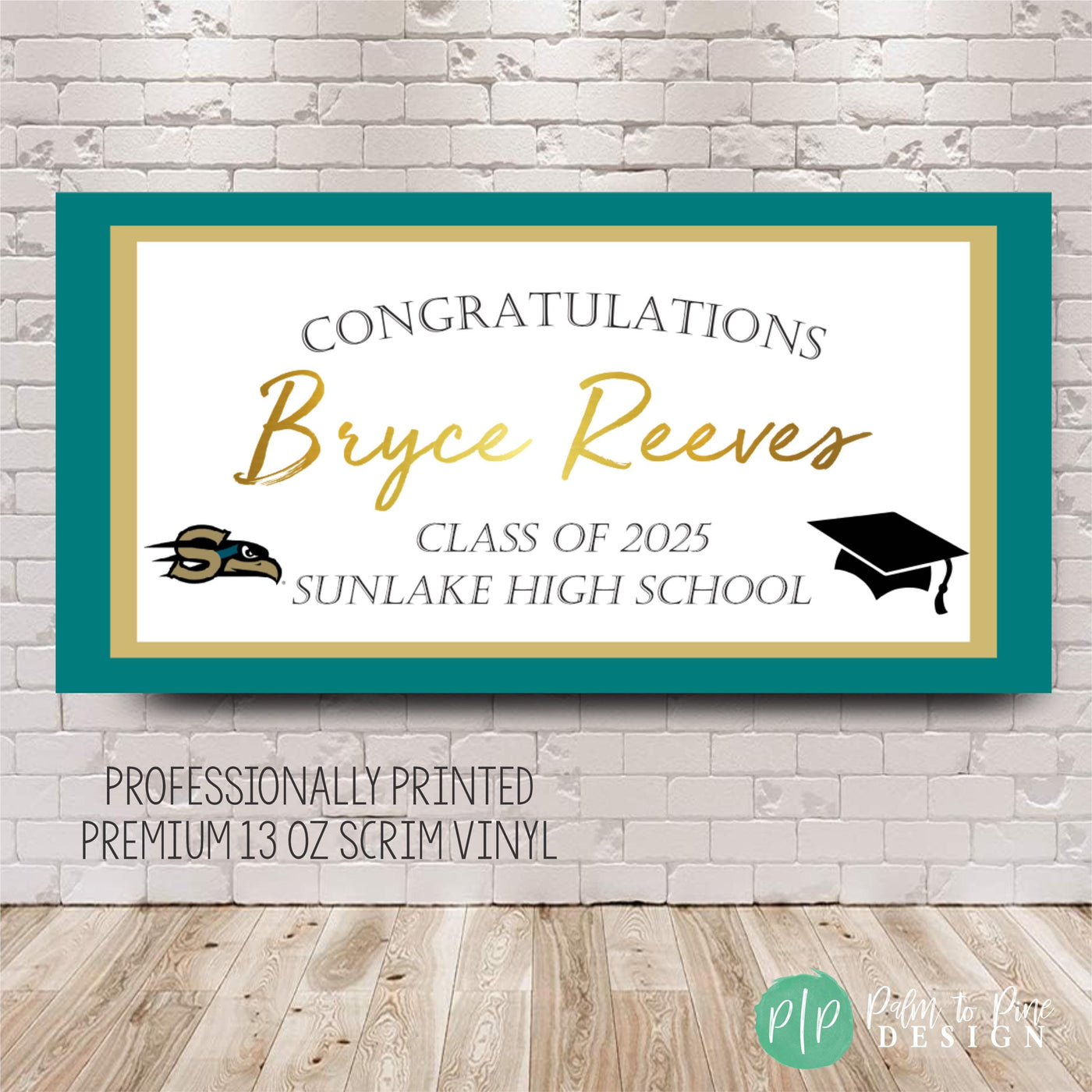 Graduation Photo Banner with custom school colors and logo or school mascot, graduation cap and graduates name with class of 2025