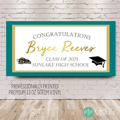 Graduation Photo Banner with custom school colors and logo or school mascot, graduation cap and graduates name with class of 2025
