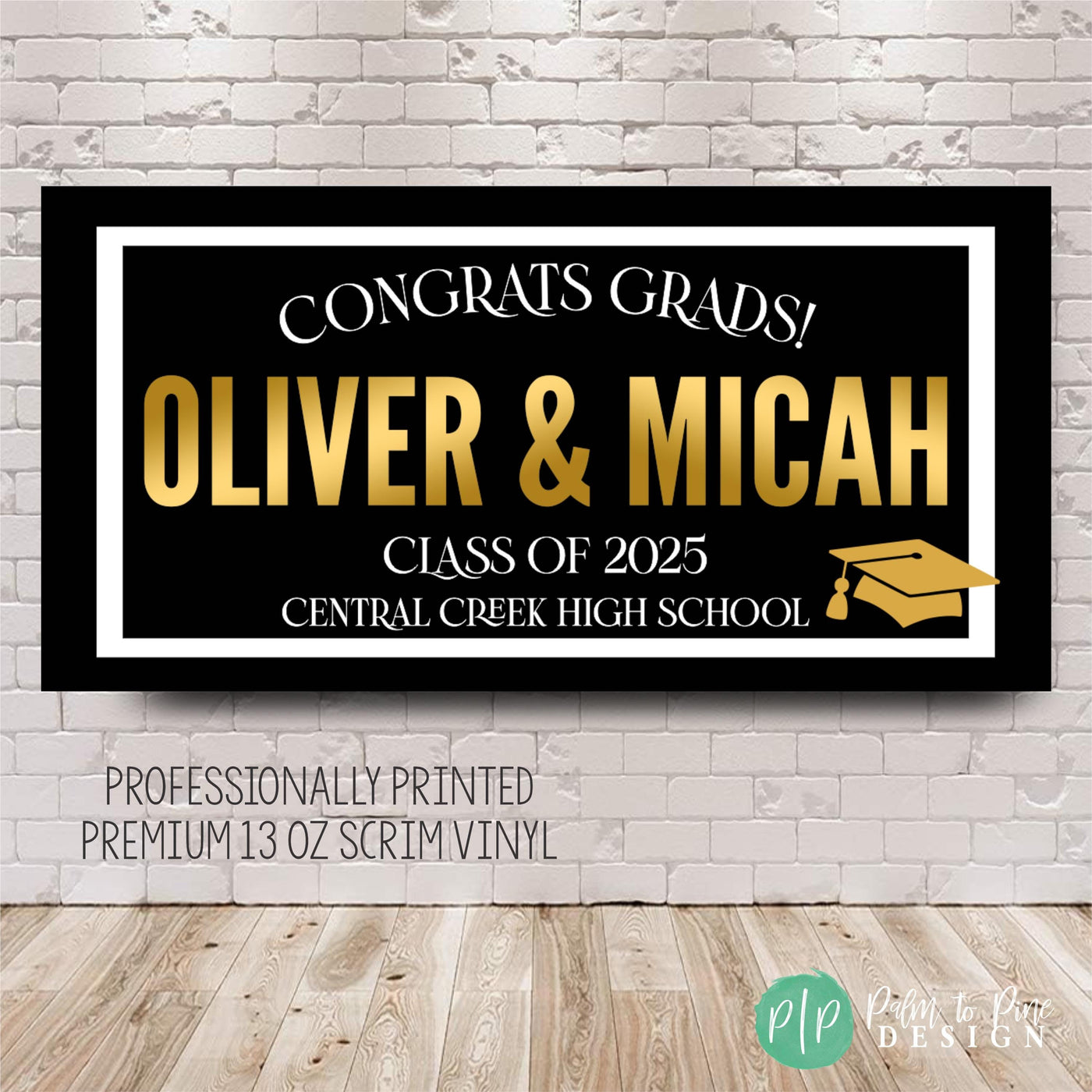 Black, gold, and white graduation banner with &quot;Congrats Grad,&quot; graduate&#39;s name, Class of 2025, and school name, accented with a graduation cap and modern black and white border.