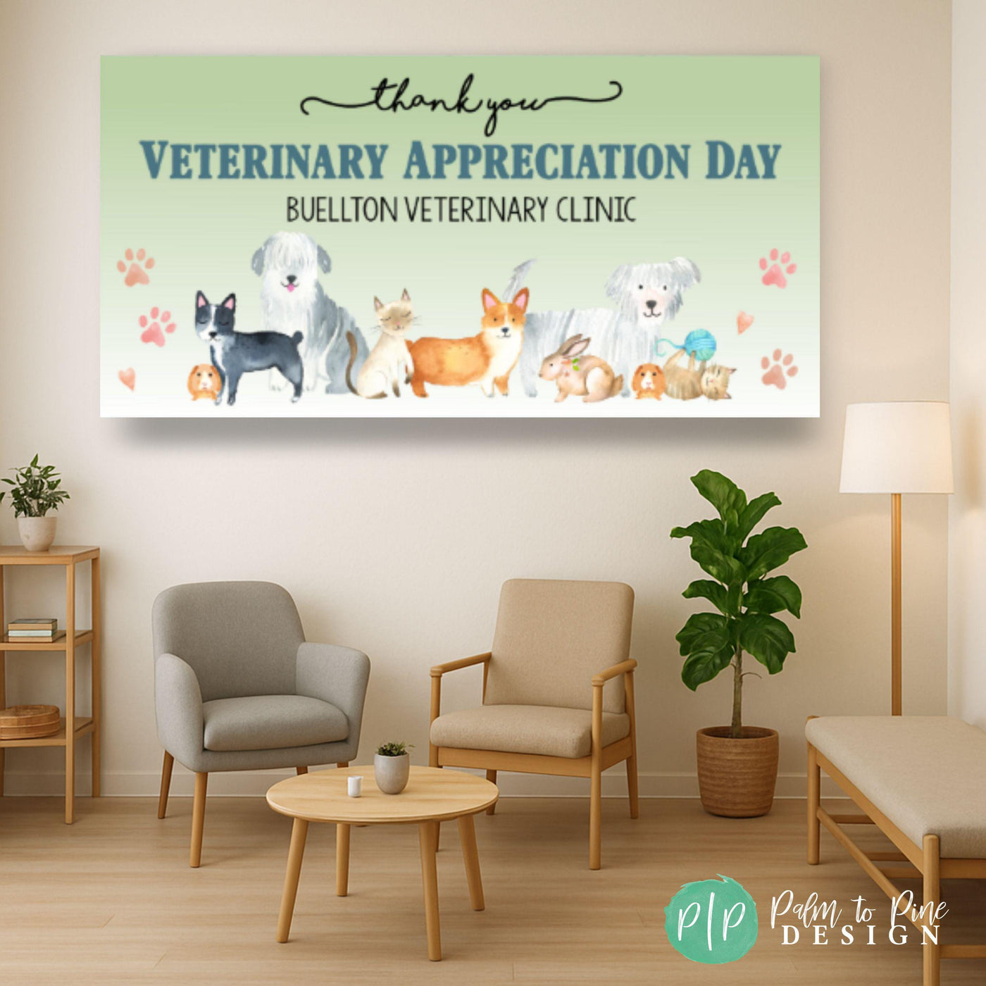 Veterinary Appreciation Day banner hanging in pet hospital or veterinarian office waiting room