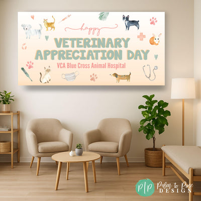 Veterinary Appreciation Day banner with thank you message and cats, dogs, a stethoscope, mask, syringe, gloves, thermometer, and paw prints in pet hospital or vet clinic waiting room lobby