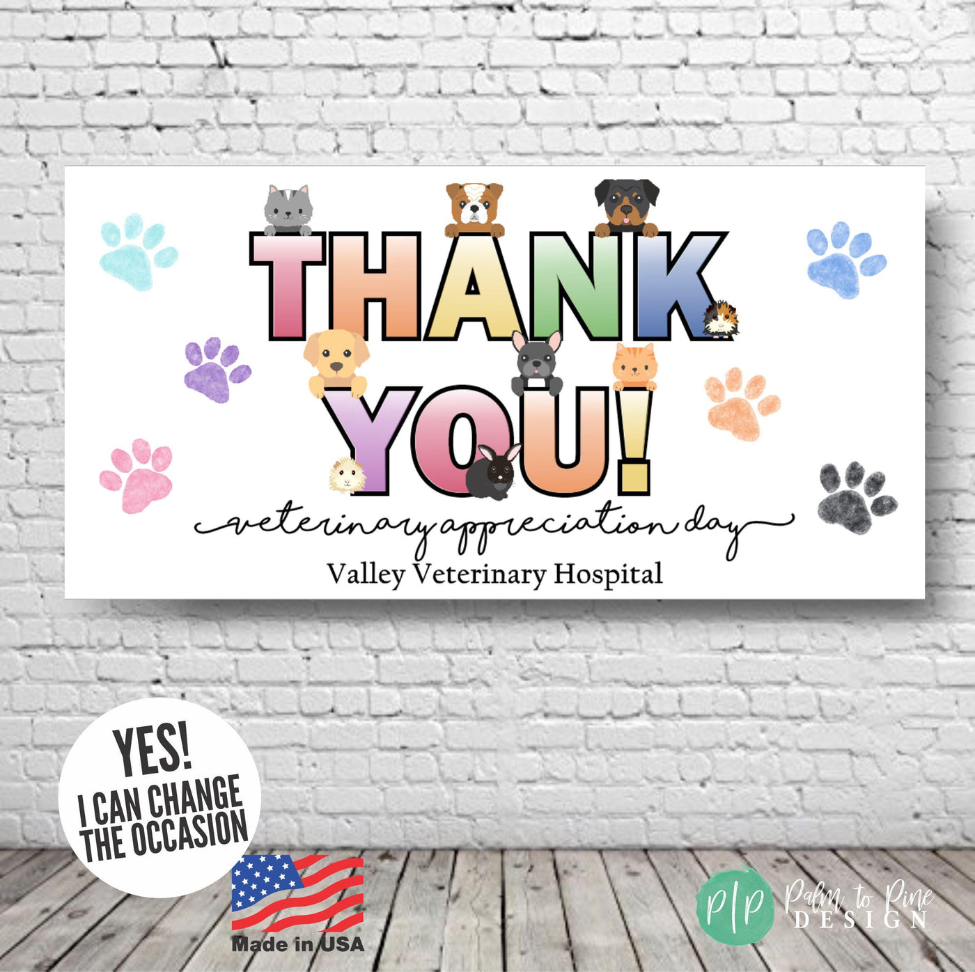 Veterinarian thank you banner with customizable clinic name, rainbow text, cute animals, and festive balloon illustrations.