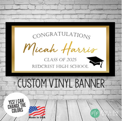 Graduation Ceremony Banner personalized with graduates name in gold script and school colors with graduation cap image