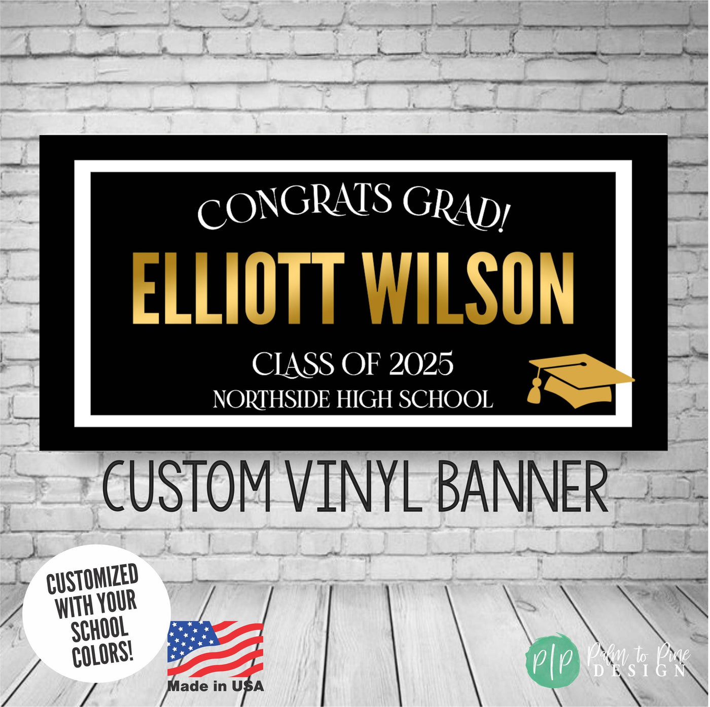 black, gold and white graduation banner that features the words &quot;congrats grad&quot;, the graduates name, class of 2025 and the graduates school with a graduation cap and a simple, modern black and white border
