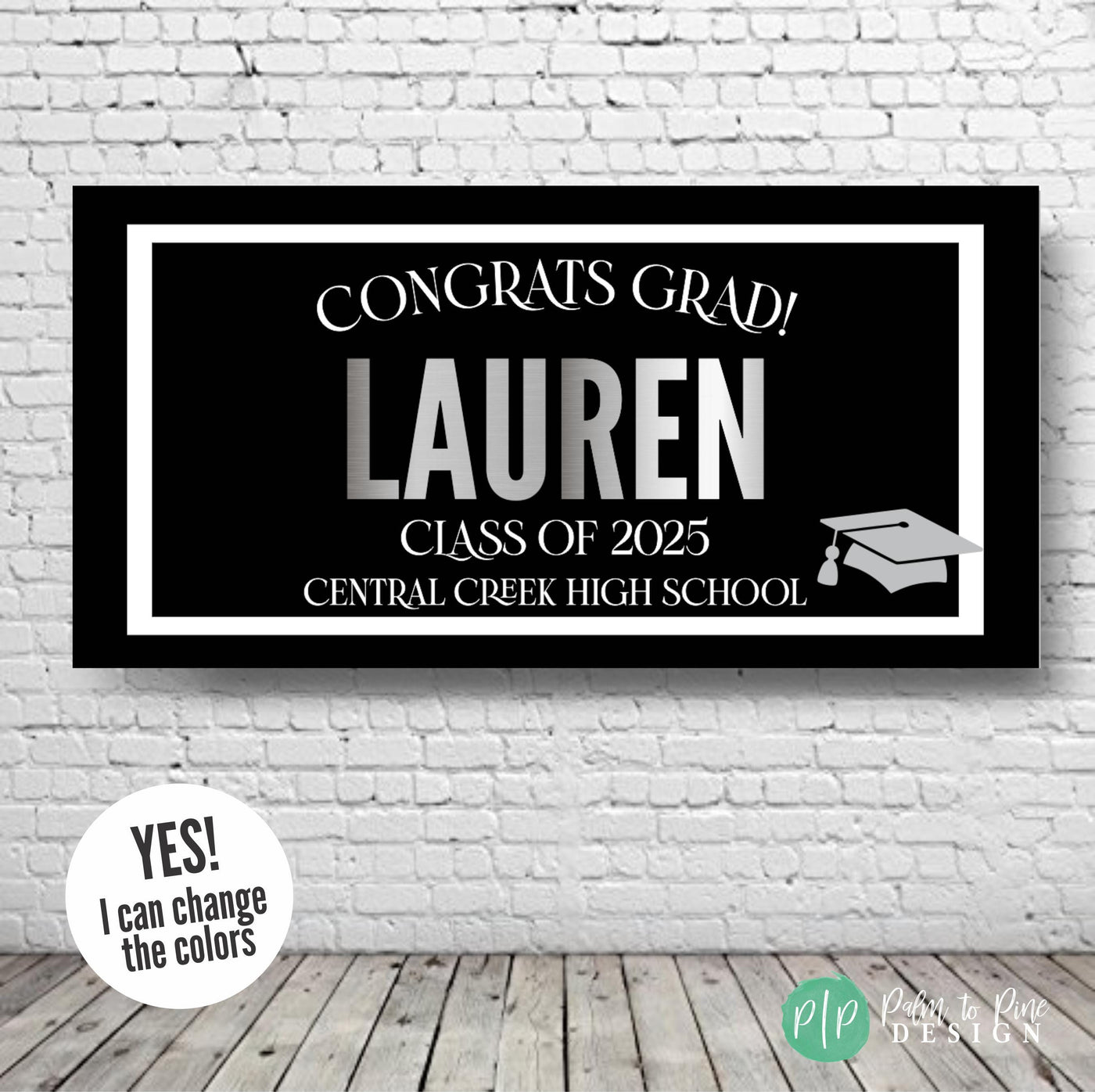 Stylish graduation banner in black, silver, and white with customized name, school, and Class of 2025, designed with a minimalist border and graduation cap