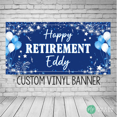 personalized retirement celebration banner with blue balloons, confetti and stars