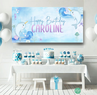 personalized under the sea birthday banner for kids with narhwhal