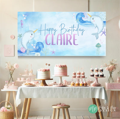 under the sea custom banner with narwhal, jellyfish and starfish clipart on a blue backdrop