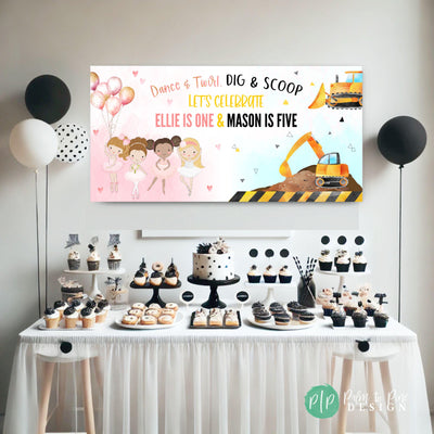 sibling joint birthday personalized banner for a ballet and construction birthday party