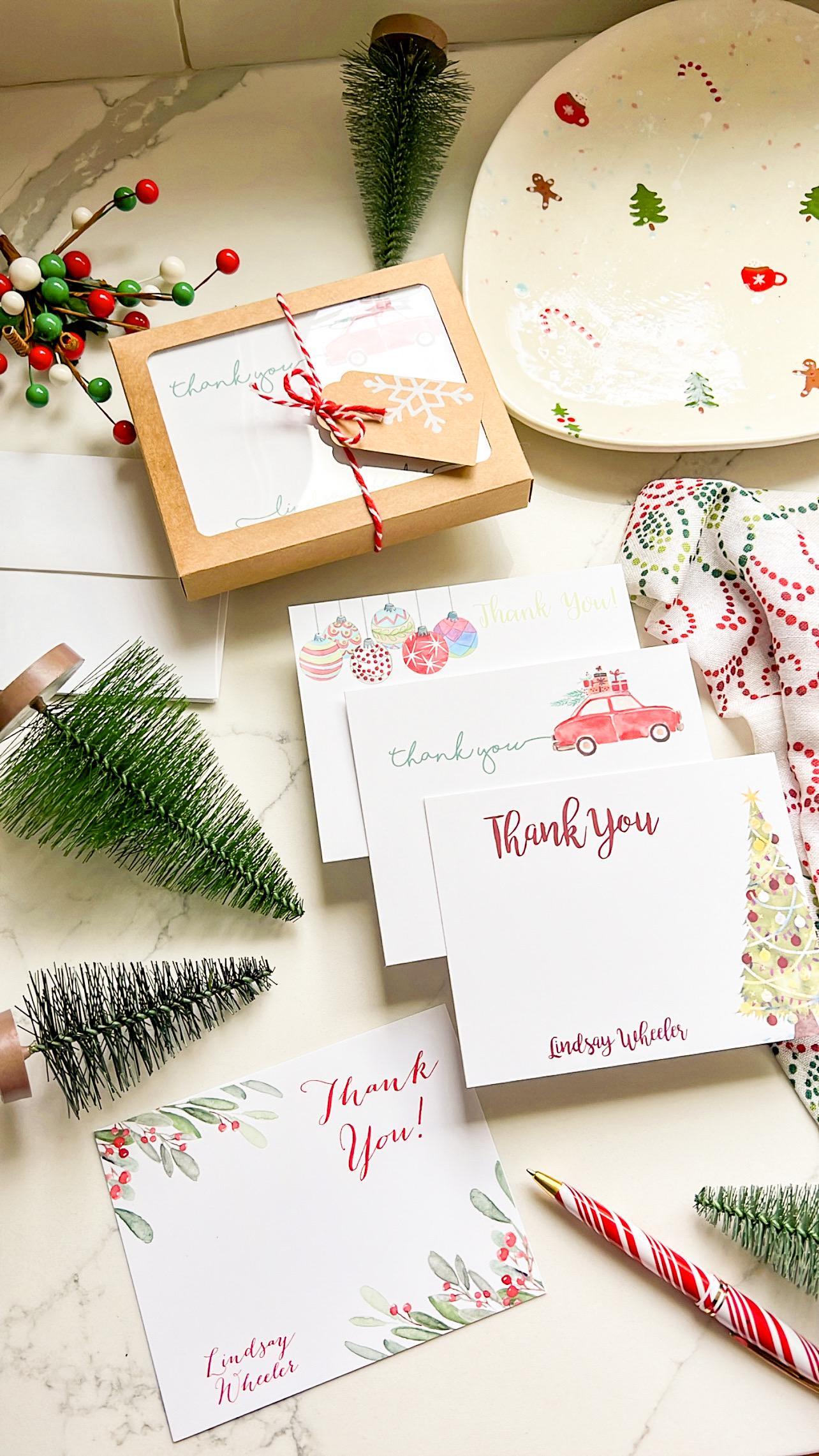 Christmas stationery personalized note card set with Christmas tree, ornaments, Holly, and Christmas car