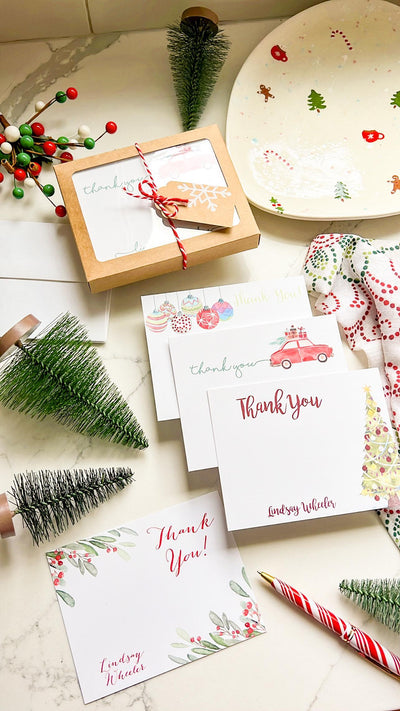 Christmas stationery personalized note card set with Christmas tree, ornaments, Holly, and Christmas car