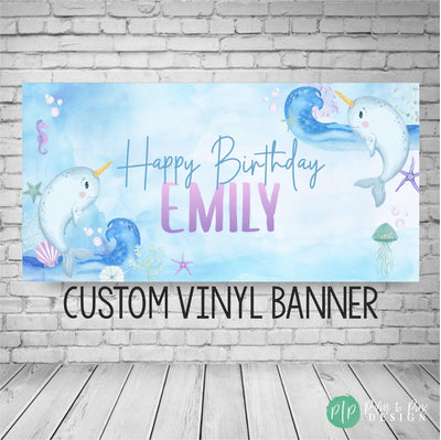 custom magical narwhal birthday banner for kids in purple and blue watercolor design
