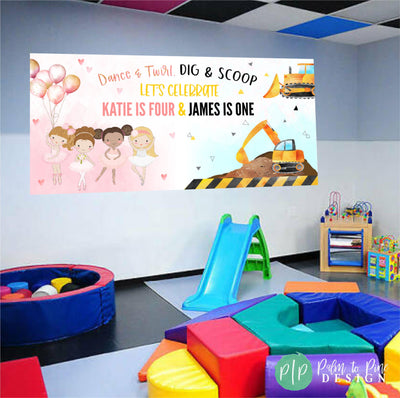 joint personalized ballet and construction birthday theme for siblings