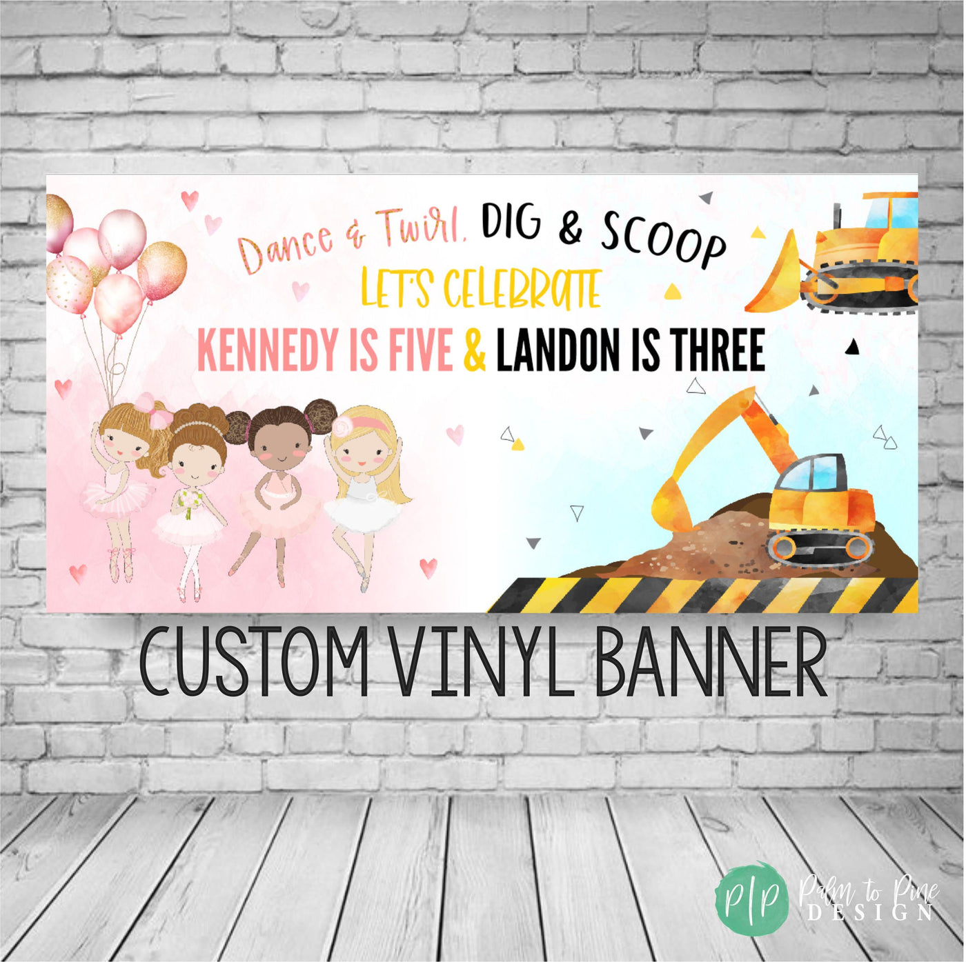 dance and twirl, dig and scoop joint birthday party banner