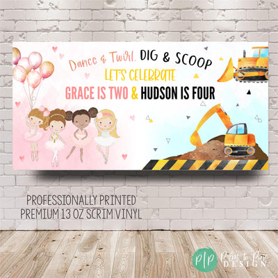 brother and sister custom construction and ballet birthday banner